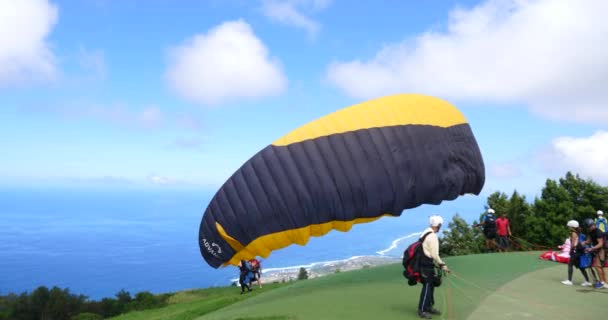 Paraglider Bort Flyga Över Fantastiska Beach — Stockvideo