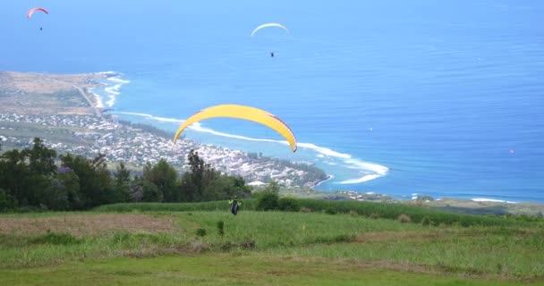 Paragliders Vliegen Geweldige Strand Zee Landschap Paragliden Zonnige Zomerdag Tropische — Stockvideo