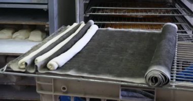 fırıncı ekmek yapma ve endüstriyel fırında pişirme. Organik el yapımı baget geleneksel Fransız tarzı lezzetli altın somun. Bütün tahıl yemek güzel altın gevrek. 