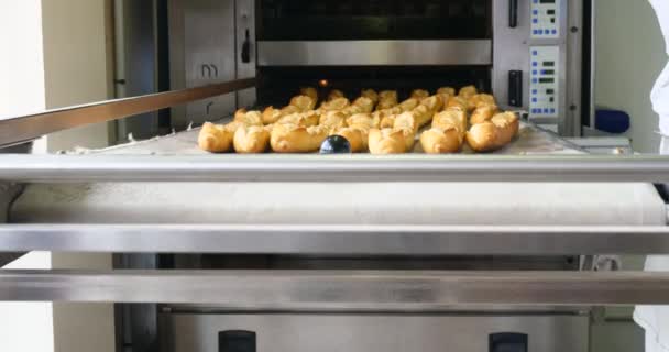 Baker Chleb Gotowanie Piecu Przemysłowym Ekologicznej Handmade Bagietki Tradycyjny Francuski — Wideo stockowe