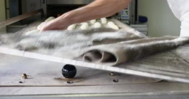fırıncı ekmek yapma ve endüstriyel fırında pişirme. Organik el yapımı baget geleneksel Fransız tarzı lezzetli altın somun. Bütün tahıl yemek güzel altın gevrek.