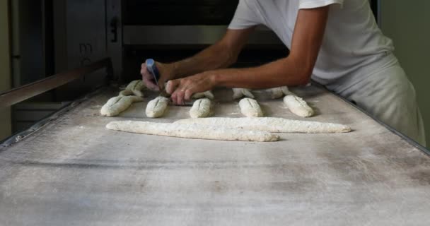 Panadero Haciendo Pan Cocinando Horno Industrial Baguette Orgánica Hecha Mano — Vídeos de Stock