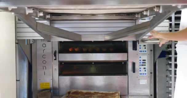 贝克做面包和烹饪在工业烤箱 有机手工烤面包传统法国风格美味的金色面包 全谷类食品美丽金黄脆酥 — 图库视频影像