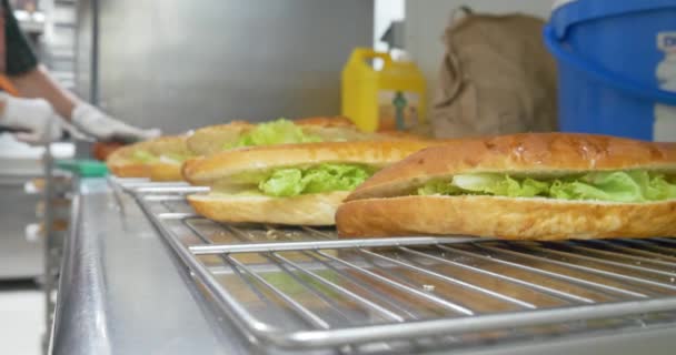 Herstellung Von Sandwich Mit Tomaten Schinken Käse Salat Gekochten Eiern — Stockvideo