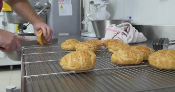 Baker Verfraaien Van Gebakjes Taarten Bakkerij Keuken Professionele Zelfgemaakte Desserts — Stockvideo