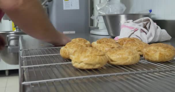 Baker Verfraaien Van Gebakjes Taarten Bakkerij Keuken Professionele Zelfgemaakte Desserts — Stockvideo