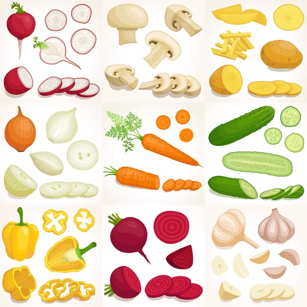 Conjunto de verduras enteras y rebanadas. Ilustración vectorial . — Vector de stock