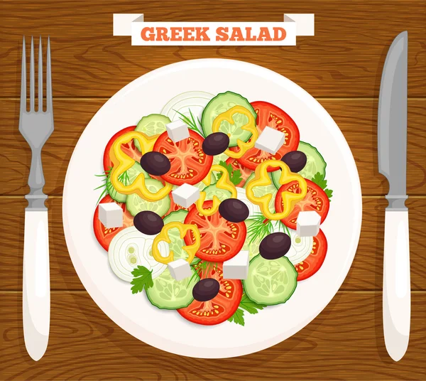 Ensalada griega vectorial en un plato. Vista desde arriba . — Vector de stock