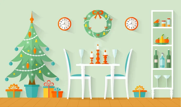 Vector Esszimmer mit einem Esstisch für Weihnachten und das neue Jahr dekoriert. — Stockvektor