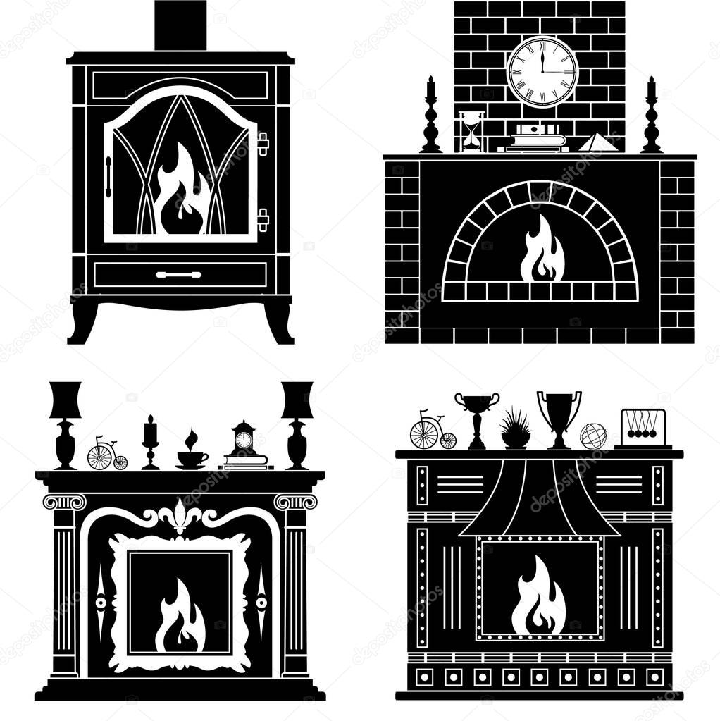 Fireplaces silhouettes isolated on white background. Set stencil fireplaces. Vector pattern.