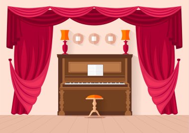Bir piyano ile konser salonu iç tasarımı. Vektör.