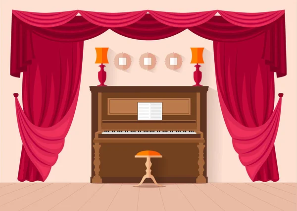 การออกแบบตกแต่งภายในของคอนเสิร์ตฮอลล์ที่มีเปียโน เวกเตอร์ . — ภาพเวกเตอร์สต็อก