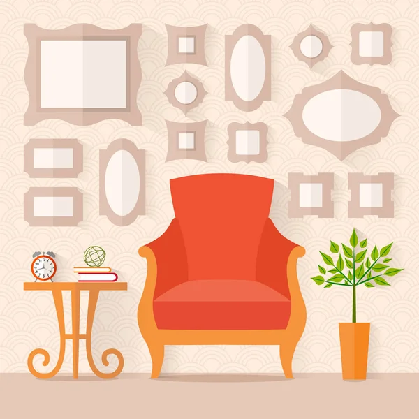 The design of the room with pictures. Paintings location option on the wall in the interior. — Stock Vector