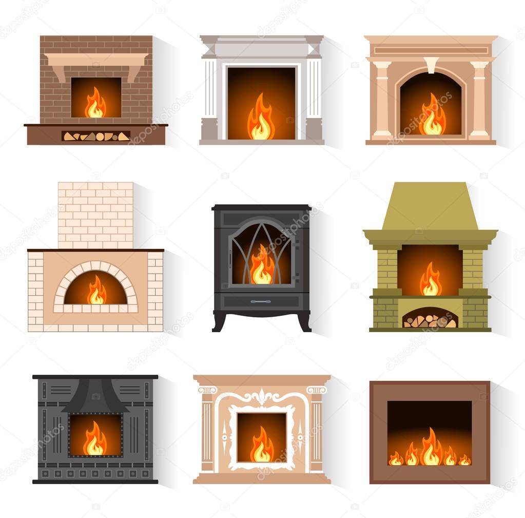 Set of web icons fireplaces in the flat style isolated on white background. Vector illustration. Various fireplaces for your design.