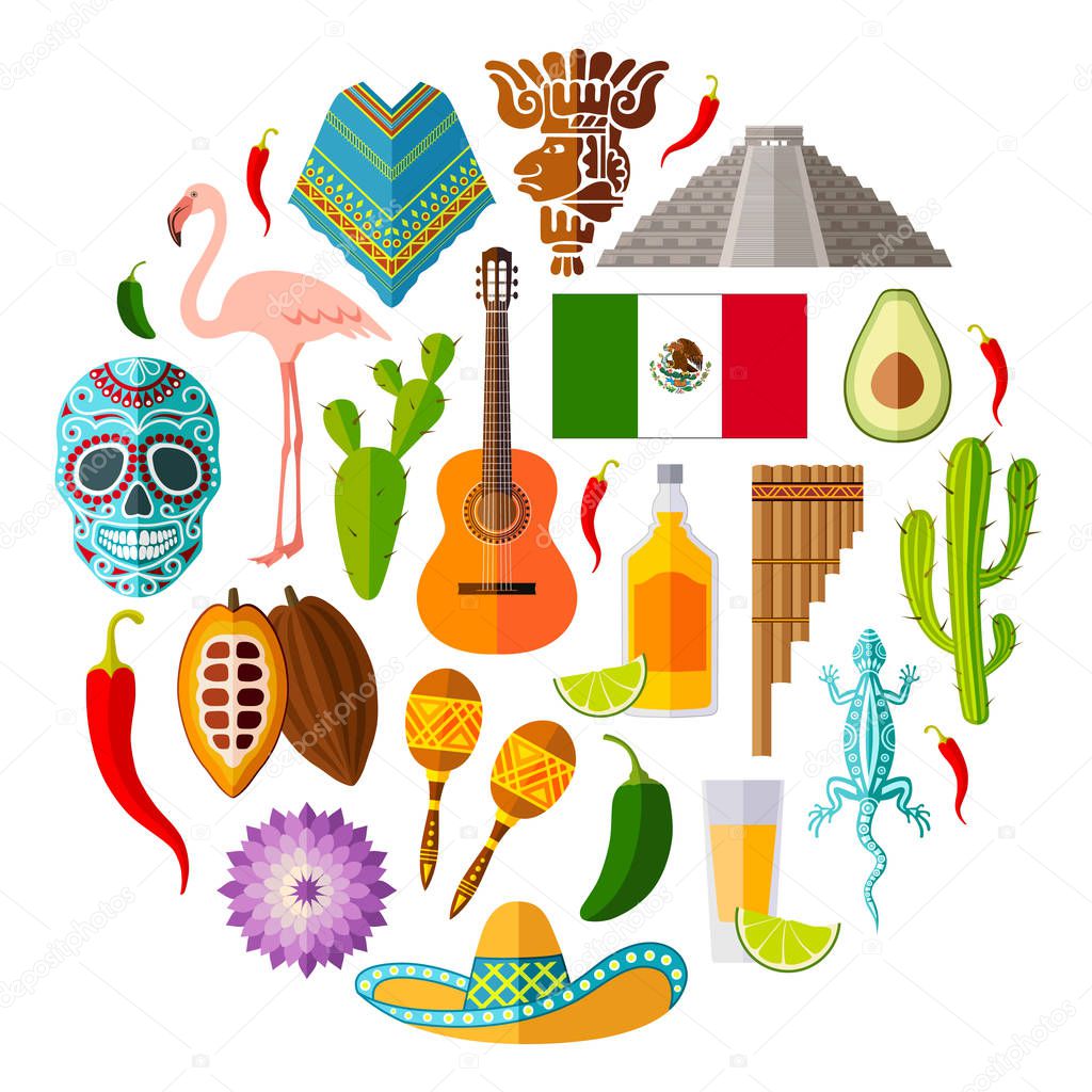 Set of Mexican icons in the flat style. Vector symbols and design elements.