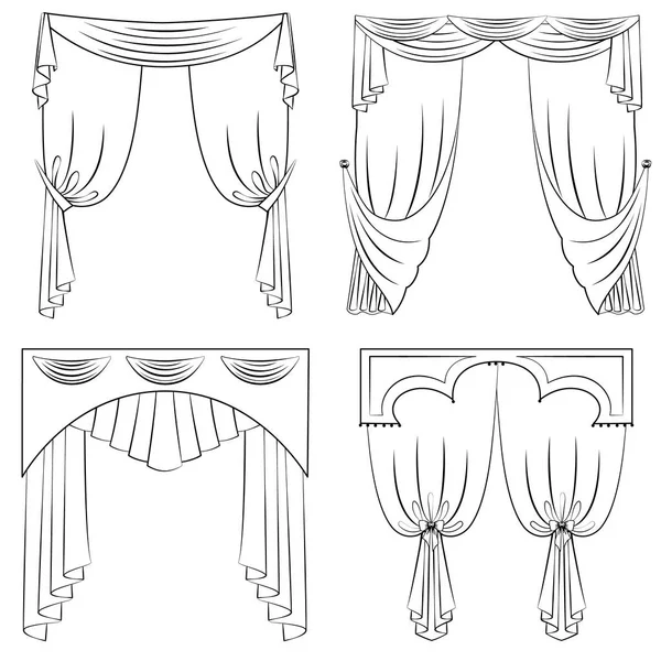 Set of curtains. Outline style vector illustration. — Stock Vector