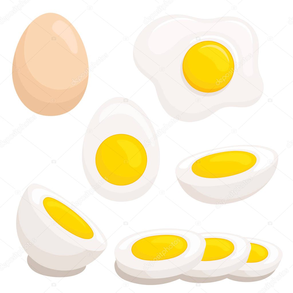Set of fried, boiled, half, sliced eggs