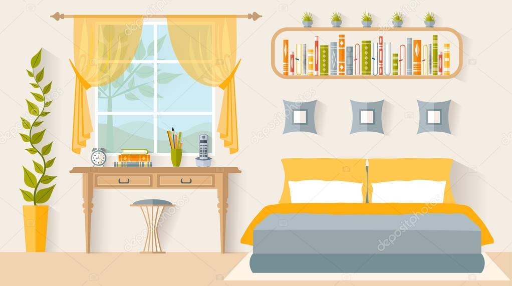 Interior design bedroom with a workplace. Vector