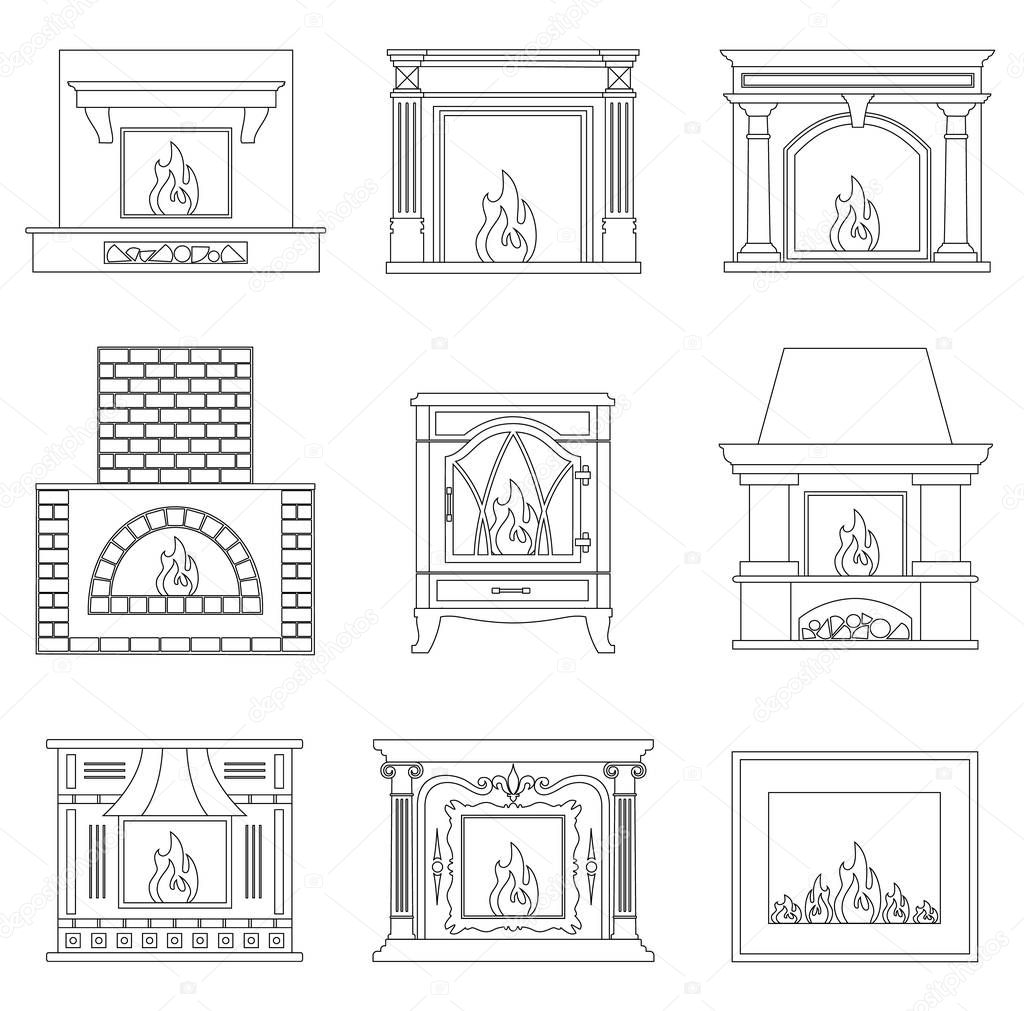 Contour fireplace. Icons of different fireplace in outline style. Vector illustration.