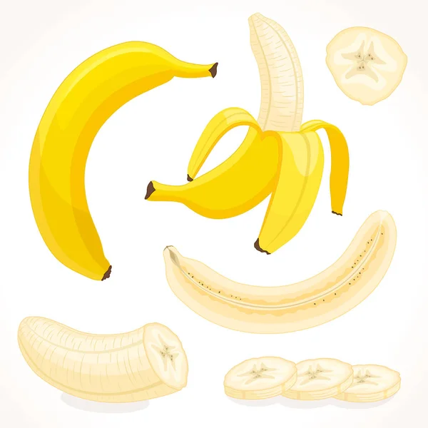 Banana vettore. Affettata, intera, mezza banana . — Vettoriale Stock