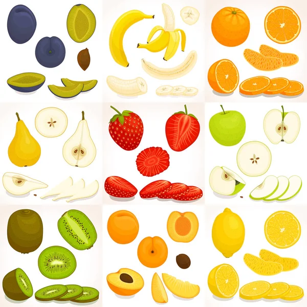 Conjunto de varias frutas enteras y cortadas en rodajas. Ilustración vectorial . — Vector de stock