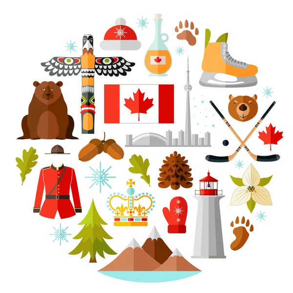 Símbolos nacionales tradicionales de Canadá. Conjunto de iconos canadienses. Ilustración vectorial en estilo plano — Vector de stock