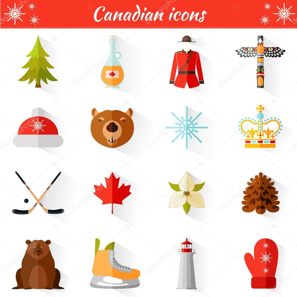 Set of vector travel Canadian web icons. Collection of famous symbols and design elements.