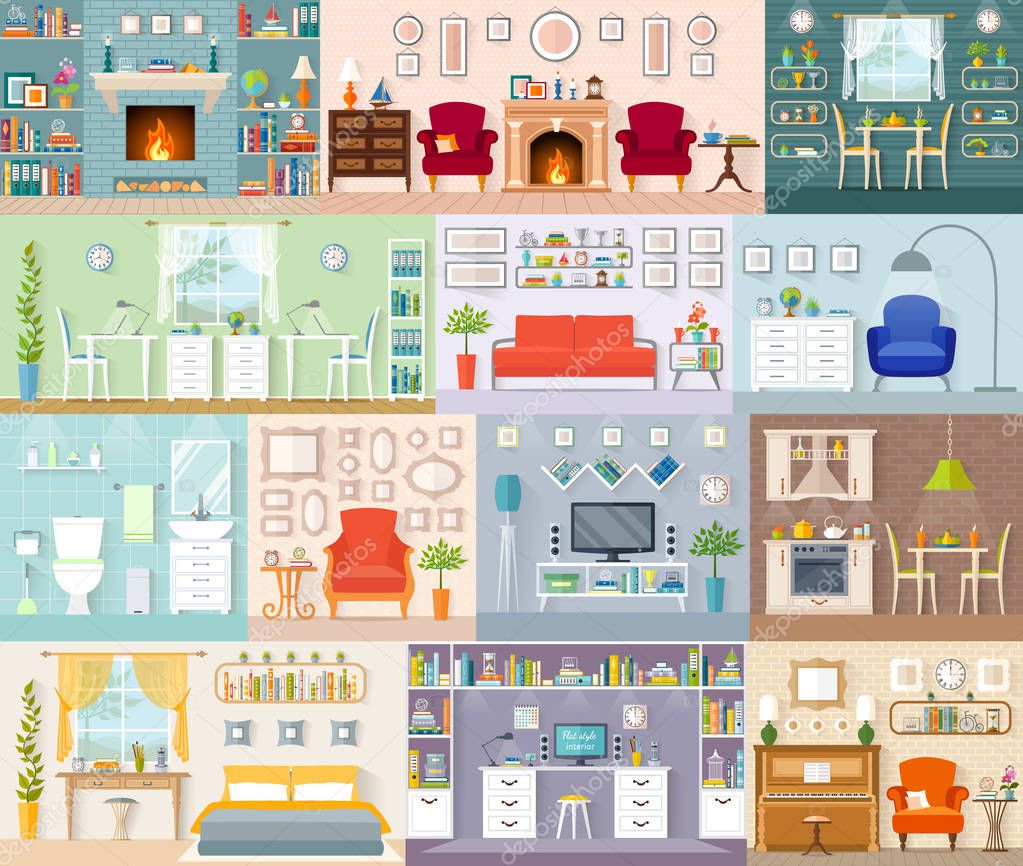 Collection of vector interiors in a flat style.