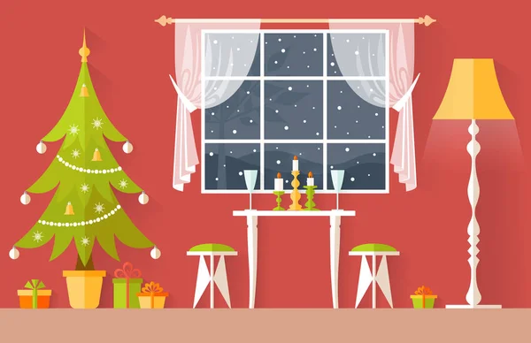 圣诞节内部媒介 以扁平样式的贺卡 窗口附近的房间里的圣诞场面 — 图库矢量图片