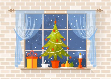 Pencere bir Noel ağacına Noel sahne. Vektör tebrik kartı. Pencerenin yanında yeni yıl nesnelerden natürmort.