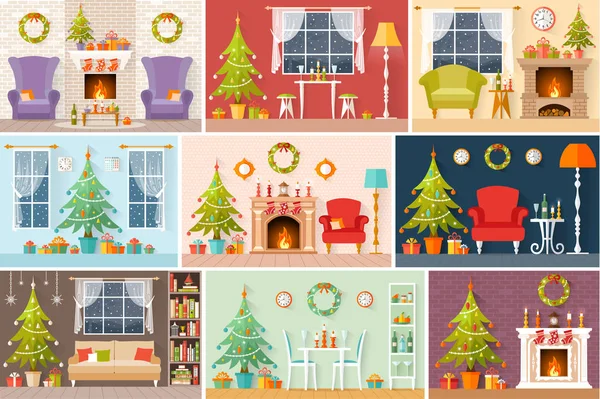 Conjunto Interiores Vetoriais Natal Estilo Plano Quartos Estão Decorados Para — Vetor de Stock