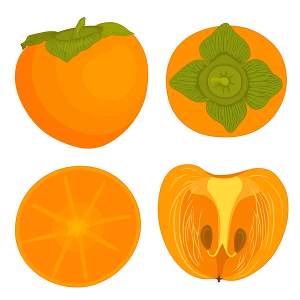 Conjunto Caqui Vectorial Estilo Dibujos Animados Vista Superior Media Fruta — Vector de stock