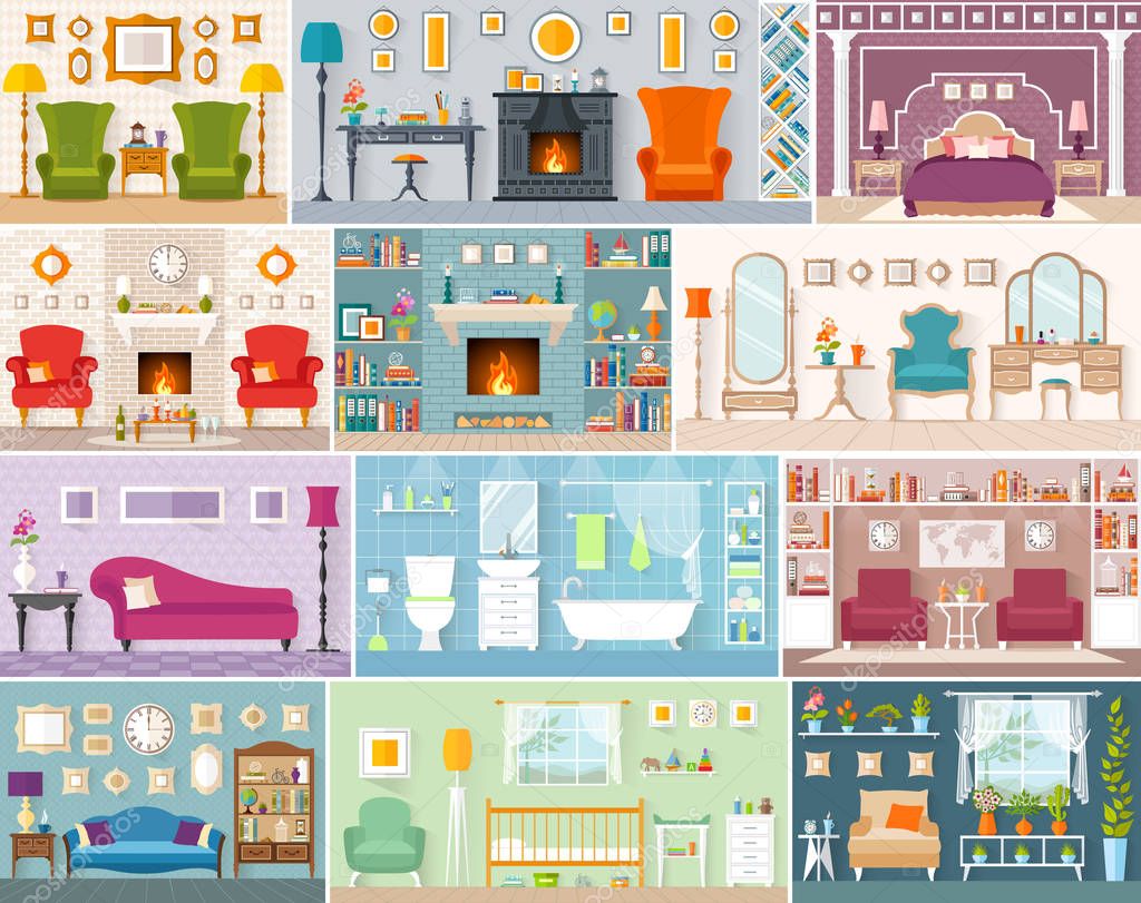 Collection of interiors. Vector illustration.