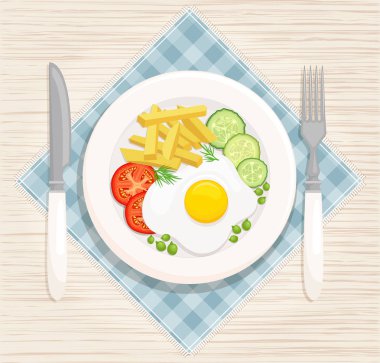 Kahvaltı bir tabakta. Vektör. Omlet patates ve sebze ile.