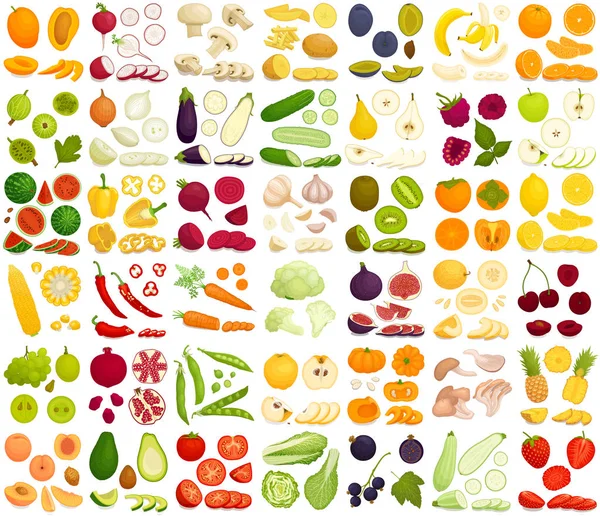 Gemüse, Früchte und Beeren gesetzt. Vektorillustration. ganz, in Scheiben geschnitten und gehackt verschiedene Produkte. — Stockvektor