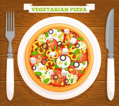 Vektör vejetaryen pizza bir plaka üzerinde. Pizza sebze en iyi manzaralı.
