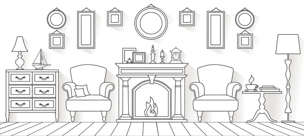 Sala Estar Vectorial Estilo Esquema Interior Lineal Con Muebles Chimenea — Vector de stock