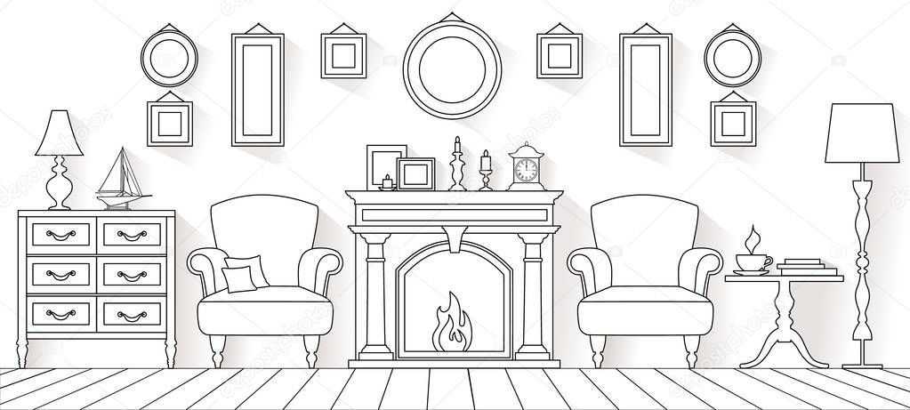 Vector living room in outline style. Linear interior with furniture and fireplace.