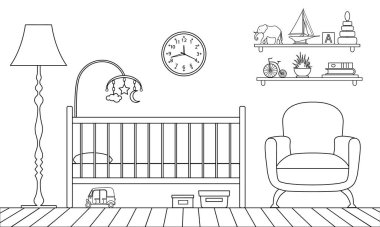 Vektör iç çocuk odası bir lineer tarzda.