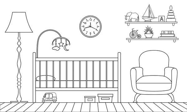 Intérieur vectoriel de la chambre d'enfant dans un style linéaire . — Image vectorielle