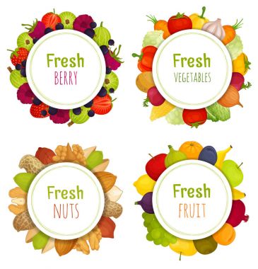 Çerçeveler meyveler, fındık, sebze ve meyve. Vektör çizim.