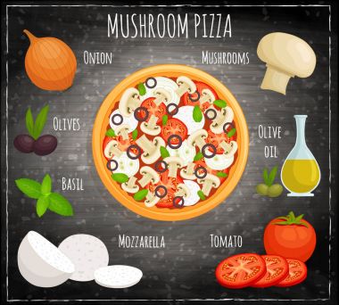 Mantarlı pizza tarifi malzemeler ile. Vektör çizim.