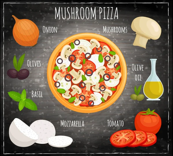 Receita de pizza de cogumelos com ingredientes. Ilustração vetorial . —  Vetores de Stock