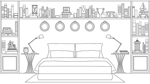 The interior of the bedroom in the outline style. Vector. — Stock Vector