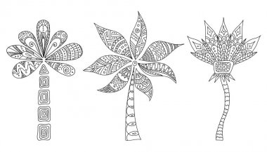 Doodle avuç ayarlayın. Vektör anahat ağaçlarının. Kabile stili. Zentangle.