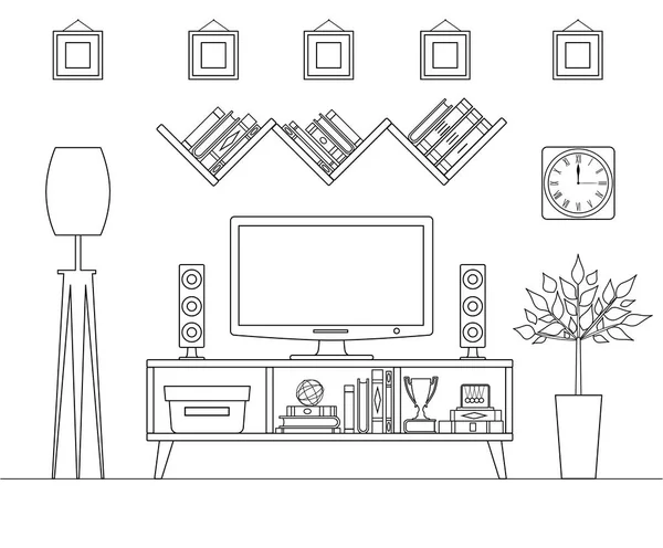 Esquema Interior Zona Televisión Vectorial Habitación Lineal Con Muebles — Vector de stock