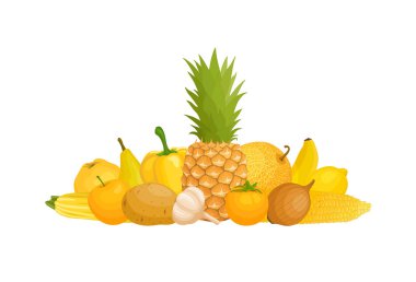 Sarı sebze ve meyve natürmort. Vektör çizim. Sarı gıda kompozisyonu.