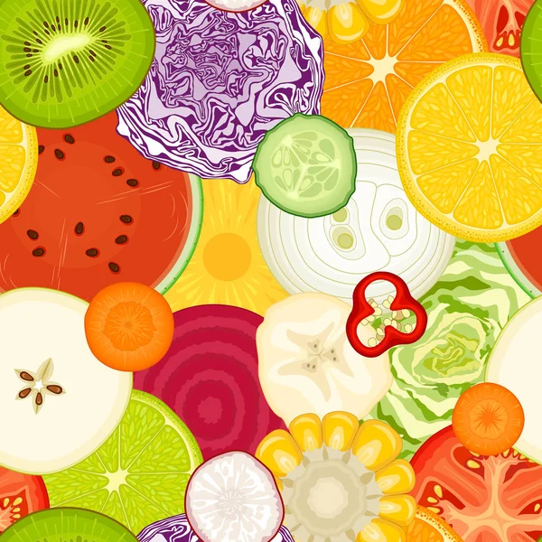Fondo Sin Costuras Verduras Frutas Rodajas Patrón Multicolor Comida Vector — Vector de stock