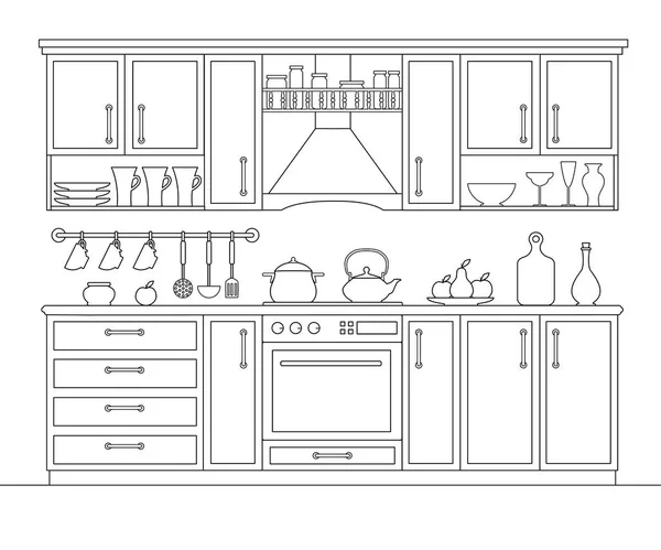 Interier Cocina Estilo Bosquejo Ilustración Lineal Vectorial Plano Habitación Con — Vector de stock