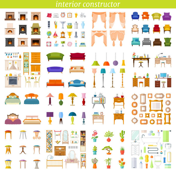 Interior creator. Set of vector icons for interior design. Constructor.